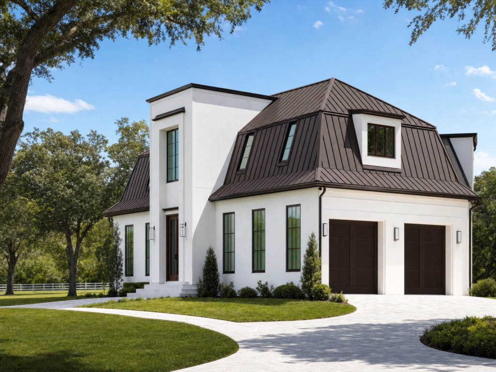 A modern two-story white home in Jupiter Farms featuring a unique dark bronze metal mansard roof and clean architectural lines.
