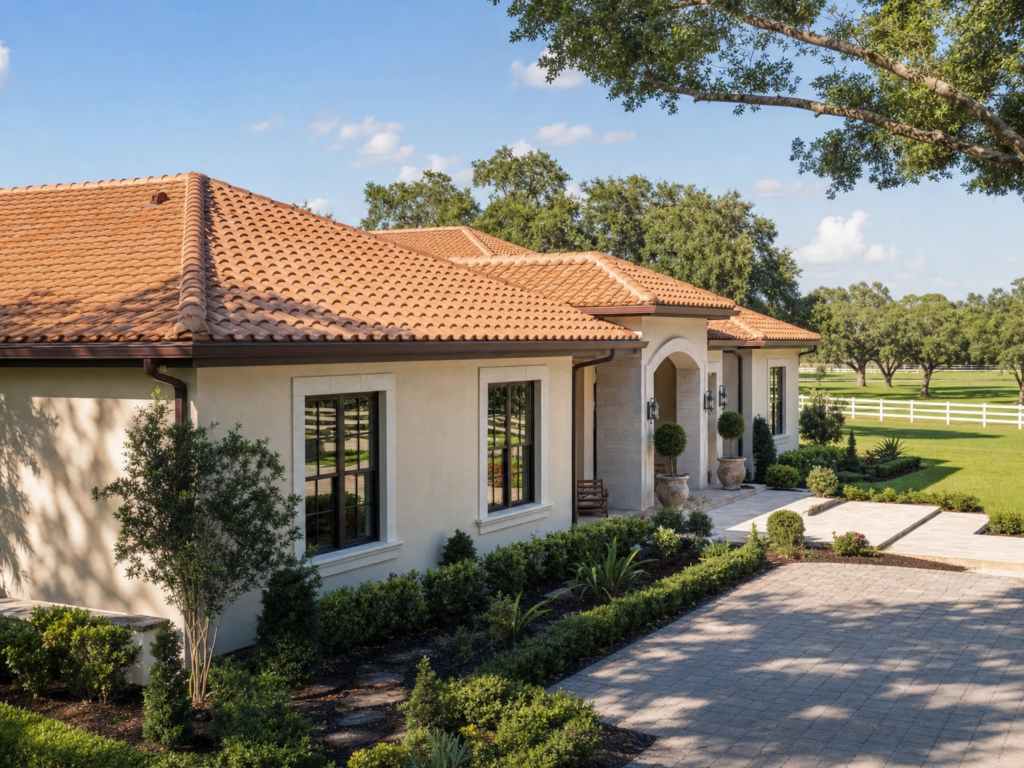 A sprawling ranch-style home in Jupiter Farms featuring a newly installed terracotta barrel tile roof and white equestrian fencing.