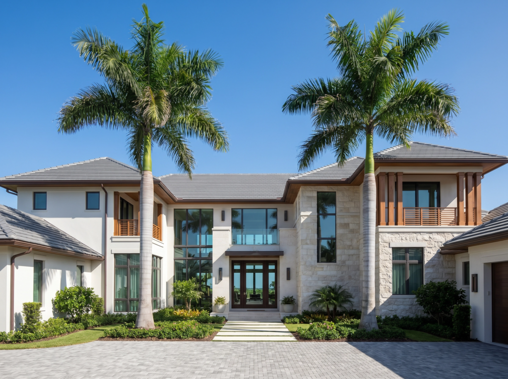 A professional architectural photograph of a luxury estate in The Shores neighborhood of Jupiter, featuring a precise multi-level flat grey tile roof, natural stone accents, and two tall Royal Palms.