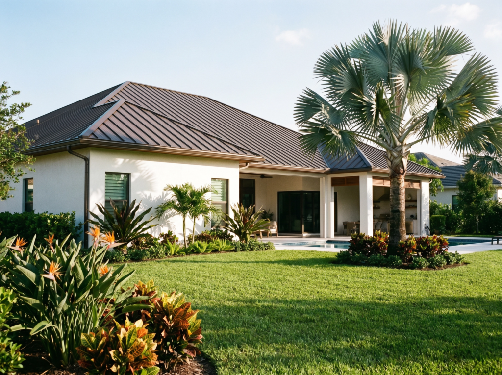 A side view of a modern South Florida residential home with a dark bronze standing-seam metal roof, white stucco walls, immaculate landscaping, and a tall Bismarck Palm, representing a professional job site.