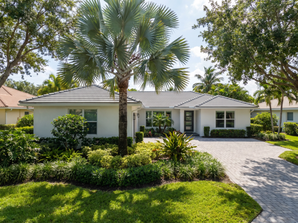 A well-maintained transitional family home in Jupiter featuring a grey concrete tile roof, a paver driveway, and a large Bismarck Palm tree in the front yard.