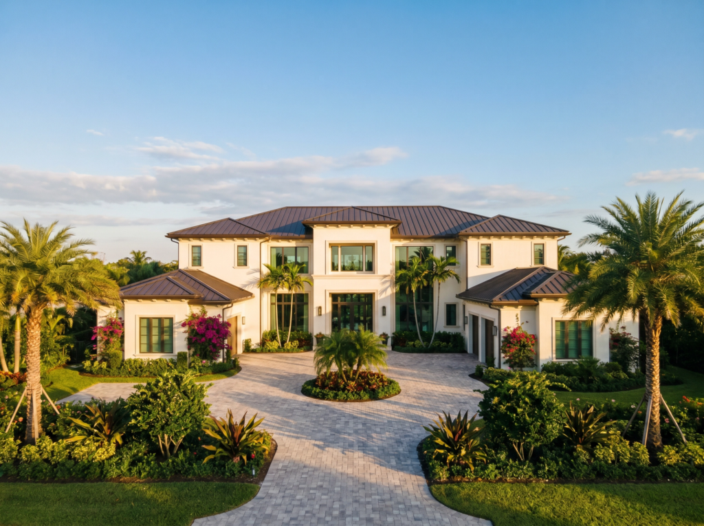 A large, two-story luxury home in Lake Worth, FL, featuring a modern dark bronze standing seam metal roof and a circular paver driveway.