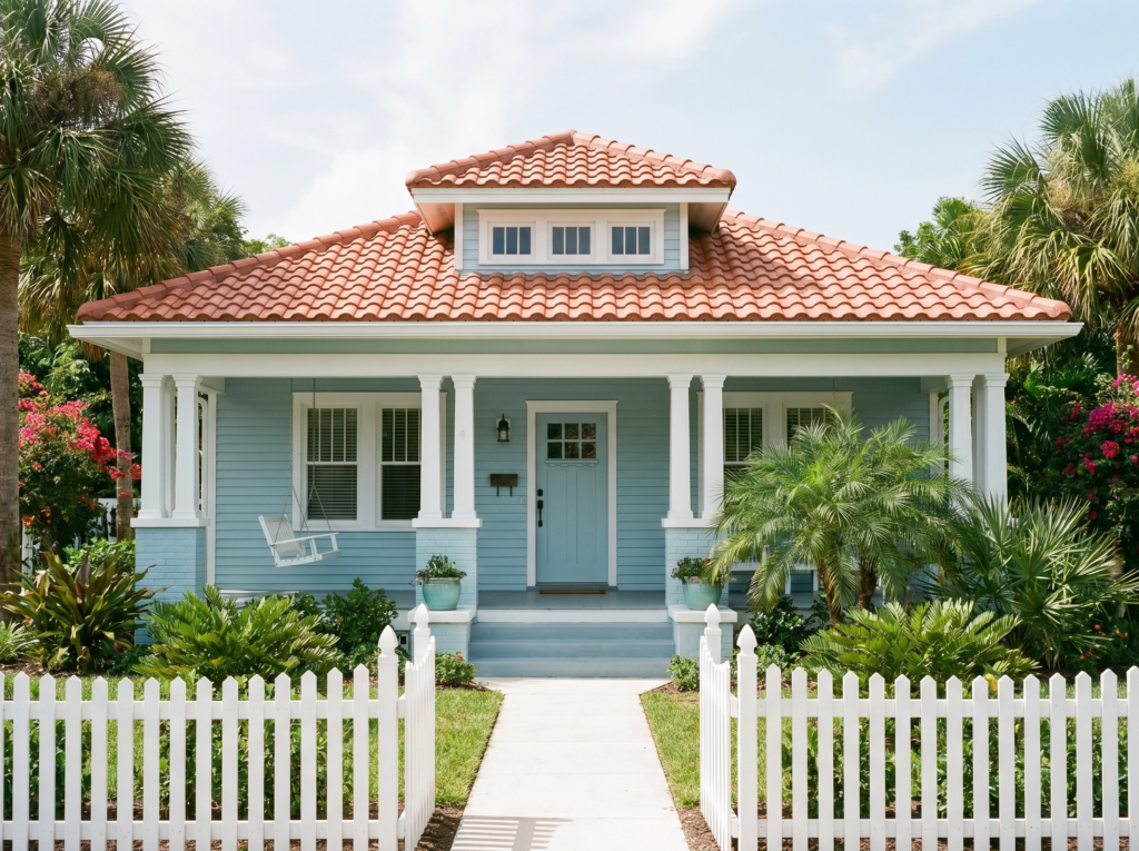 A restored historic bungalow in Lake Worth Beach, FL, featuring a pristine terracotta clay tile roof and a coastal blue exterior.