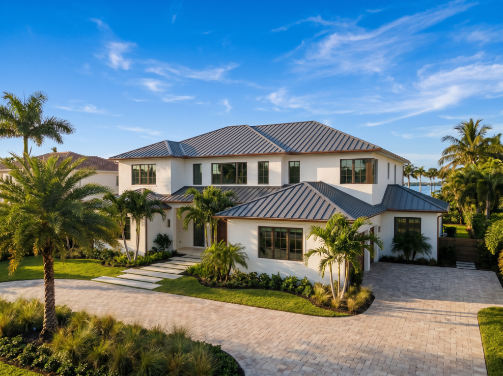 High-end standing seam metal roof installation on a luxury South Florida waterfront home with white stucco and tropical landscaping.