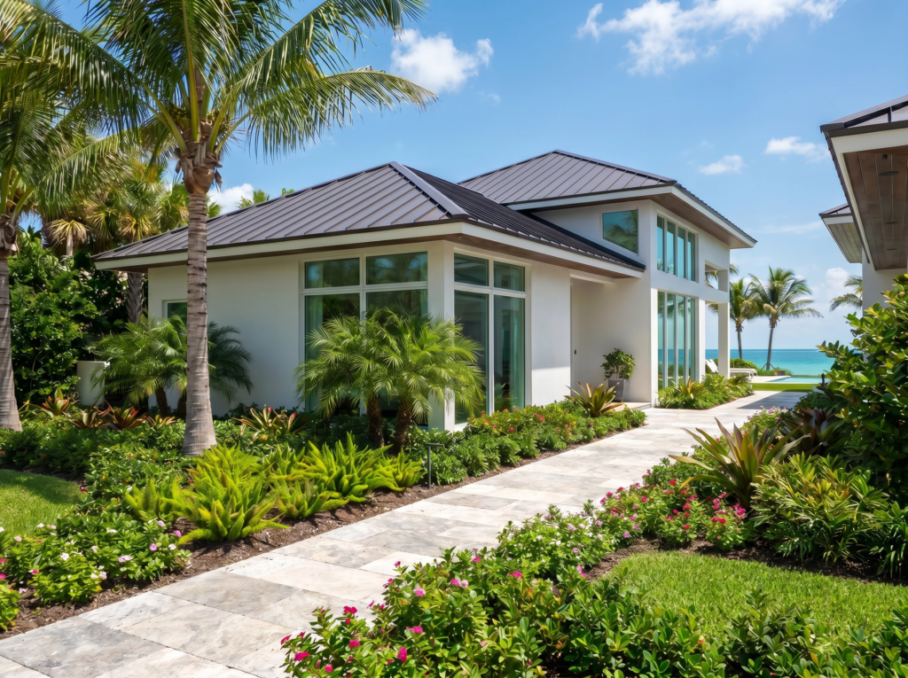 A modern white luxury home in Jupiter, FL, with a dark bronze standing seam metal roof and tropical landscaping.
