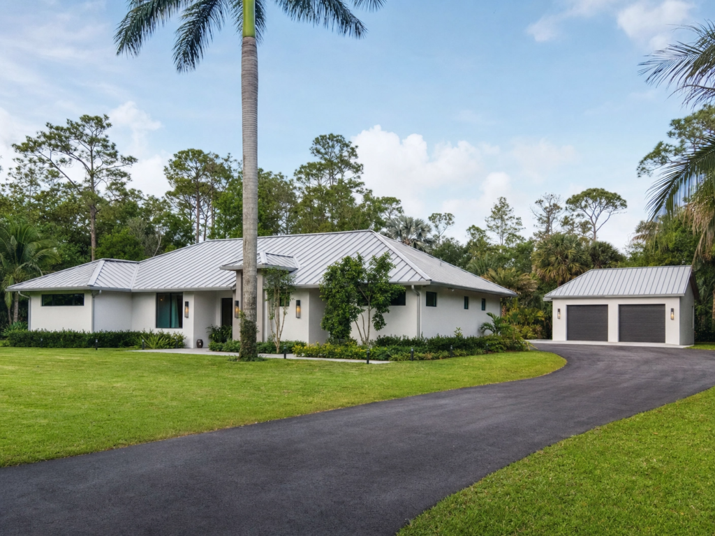A modern white Loxahatchee home with a silver standing seam metal roof and a separate matching garage.