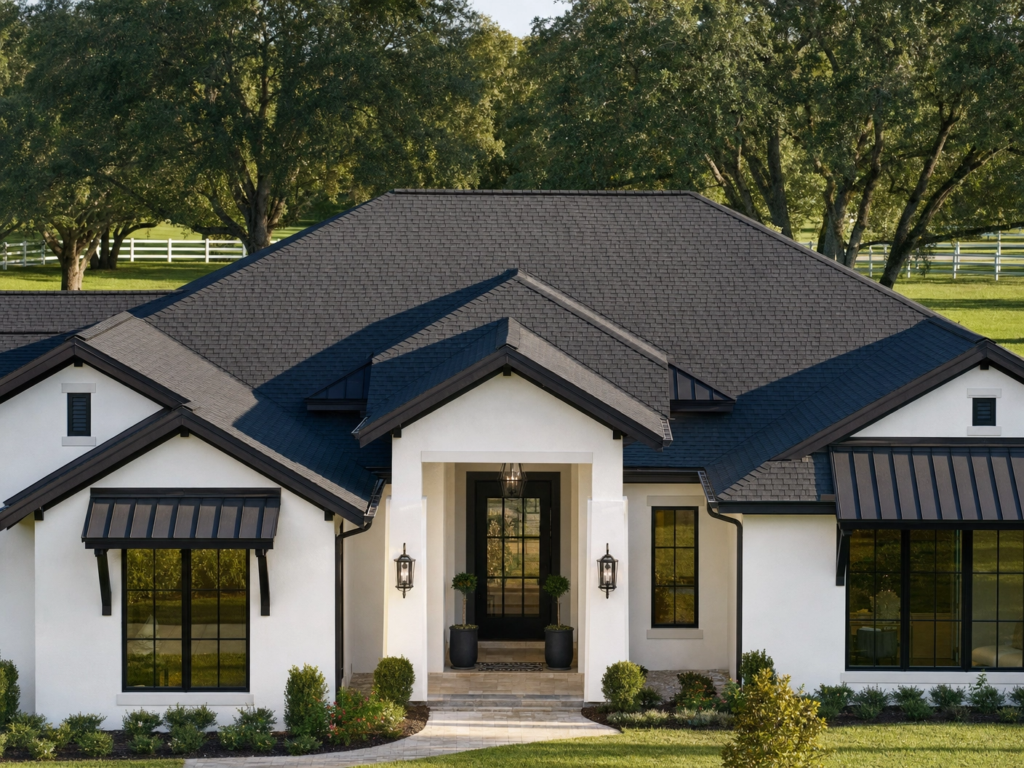 A modern white ranch home in Jupiter Farms featuring a charcoal architectural shingle roof with matching black metal window awnings and clean landscaping.