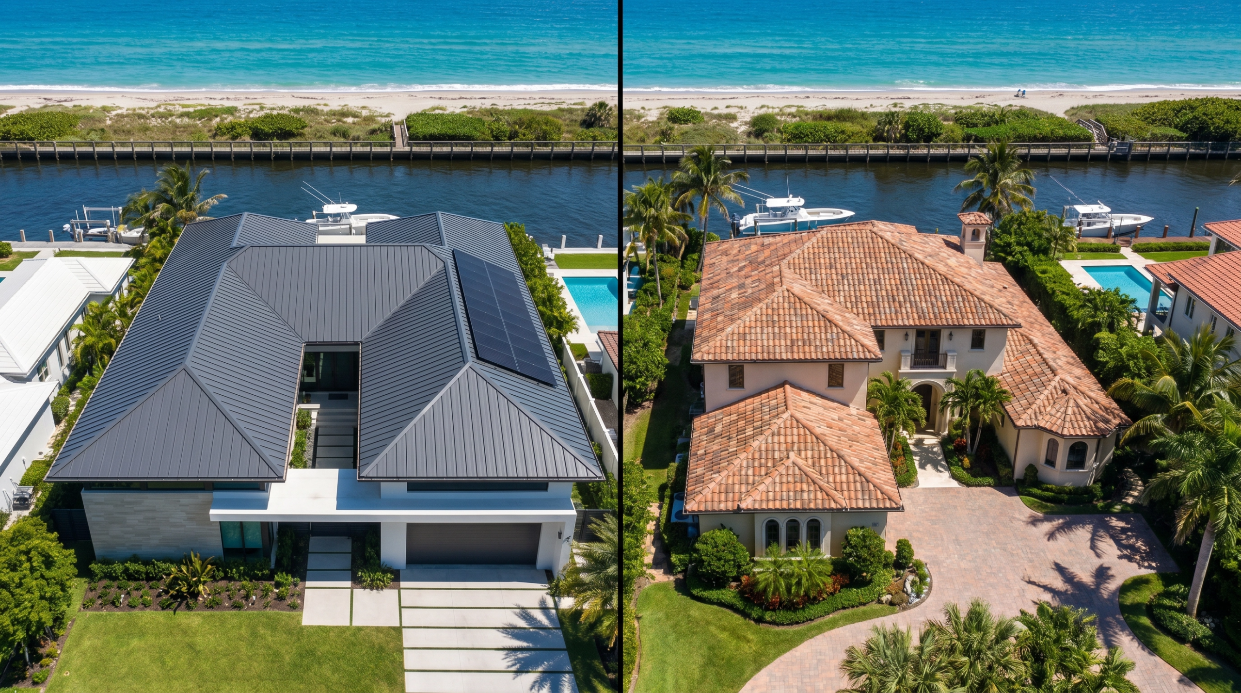 Split view of a modern standing seam metal roof and a traditional concrete tile roof in a North Palm Beach FL neighborhood