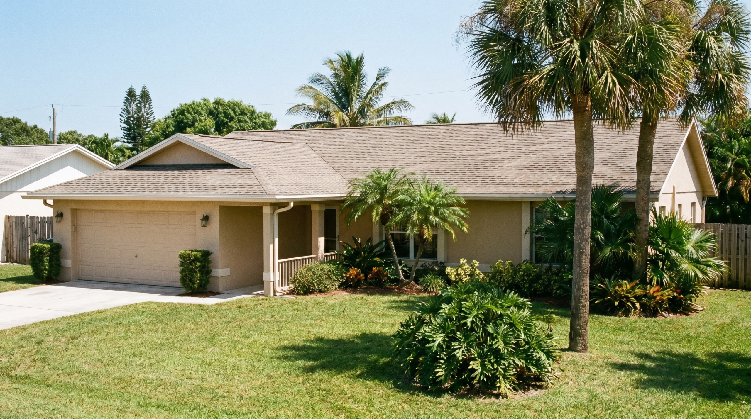 A newly installed architectural shingle roof on a typical 1970s-80s ranch-style home in Riviera Beach, Florida.