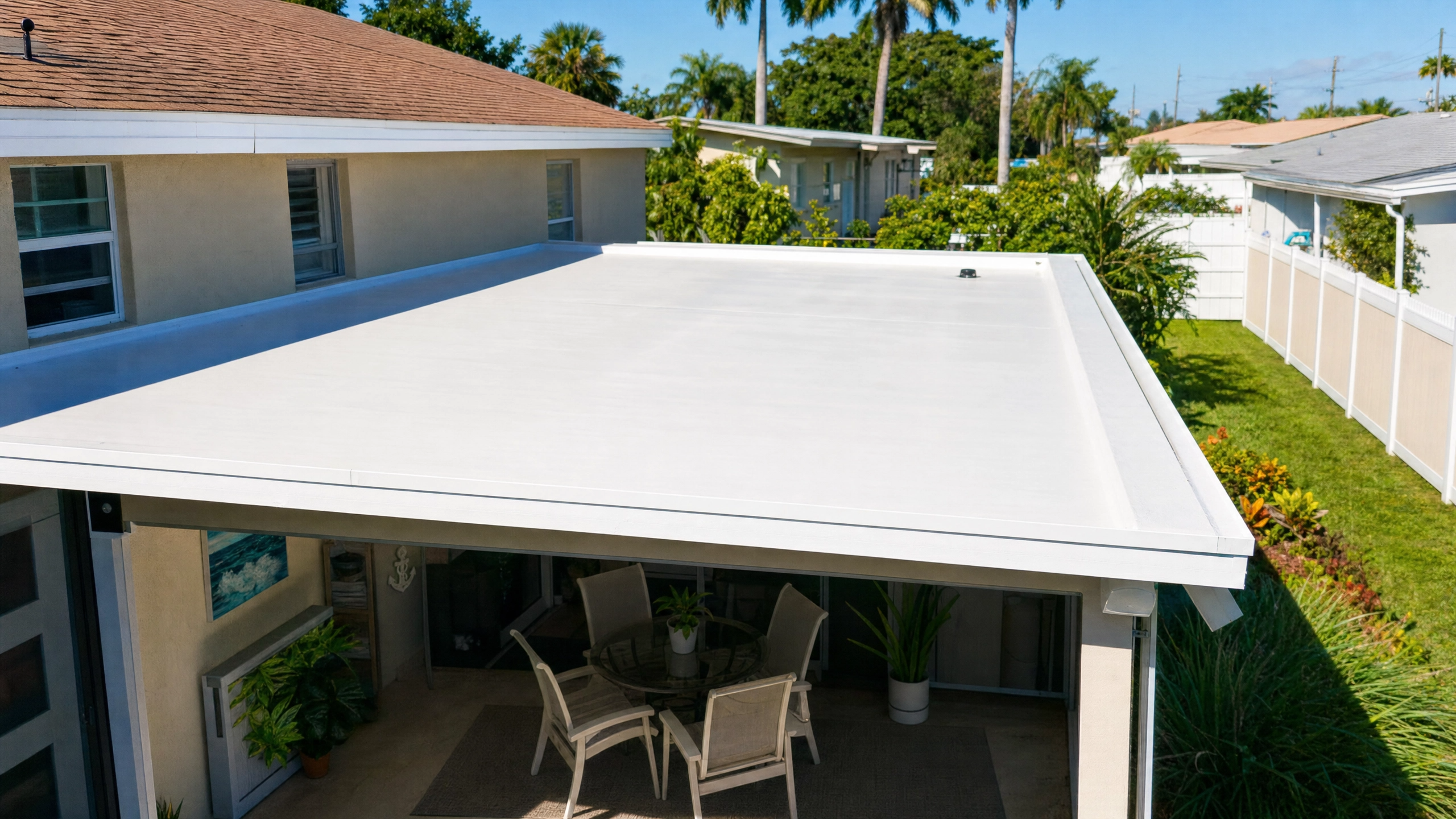 A newly installed, clean white TPO flat roof on a residential addition in a typical Riviera Beach neighborhood.