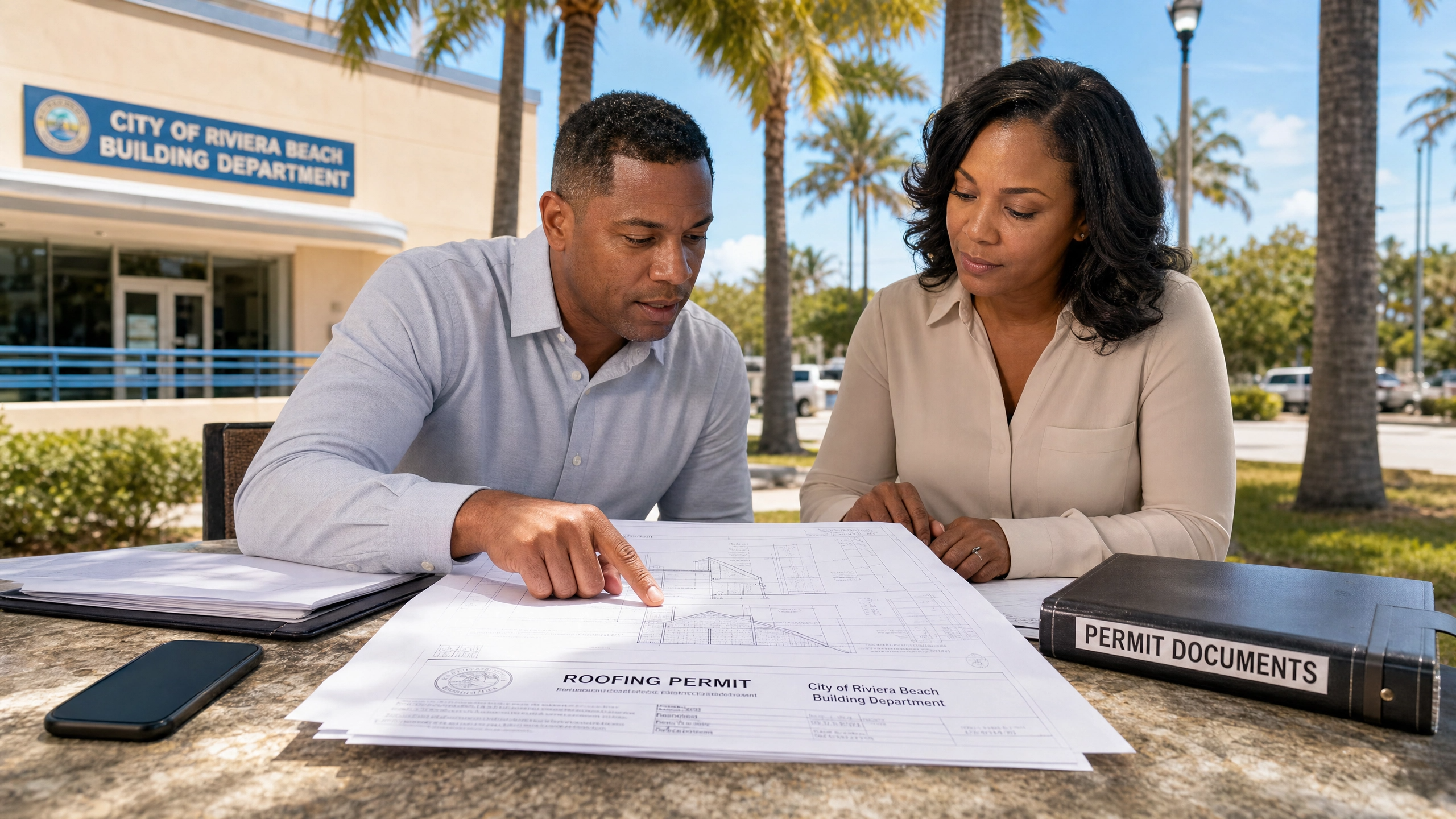 A professional roofer reviewing roofing permit documents with a homeowner outside the City of Riviera Beach Building Department.