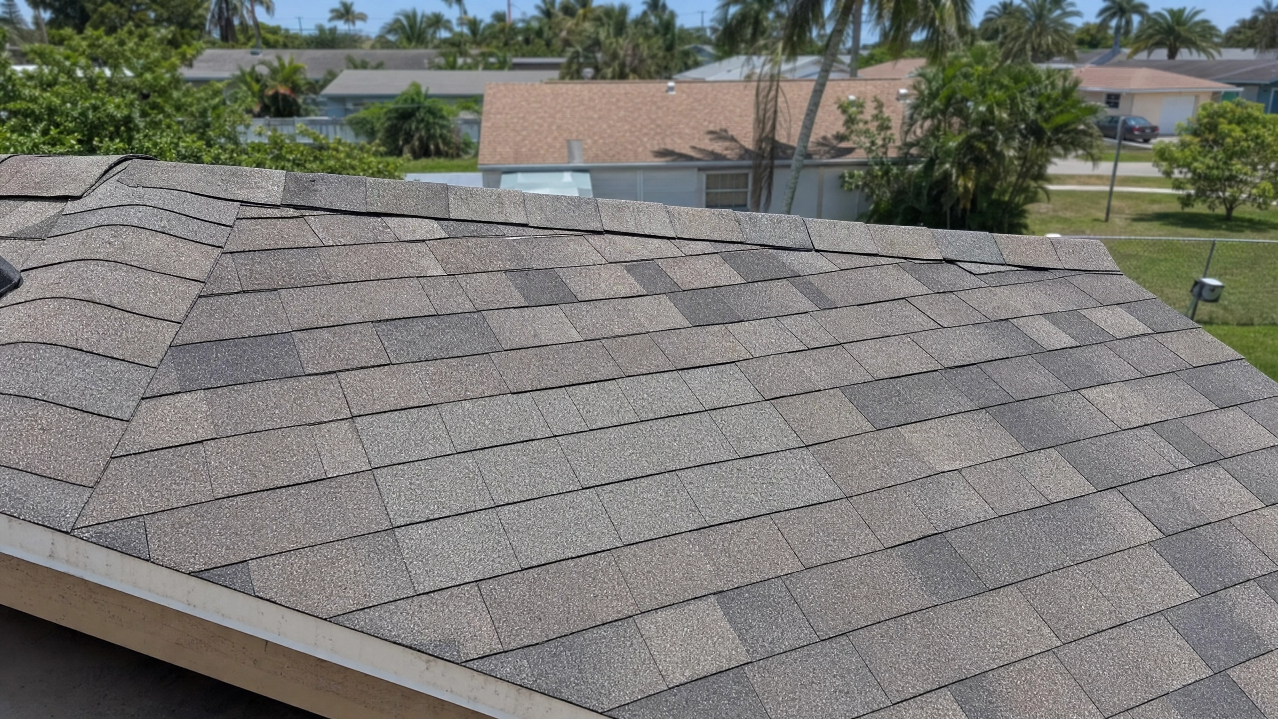 A professional shingle repair on a typical 1970s-80s ranch-style home in Riviera Beach, Florida.