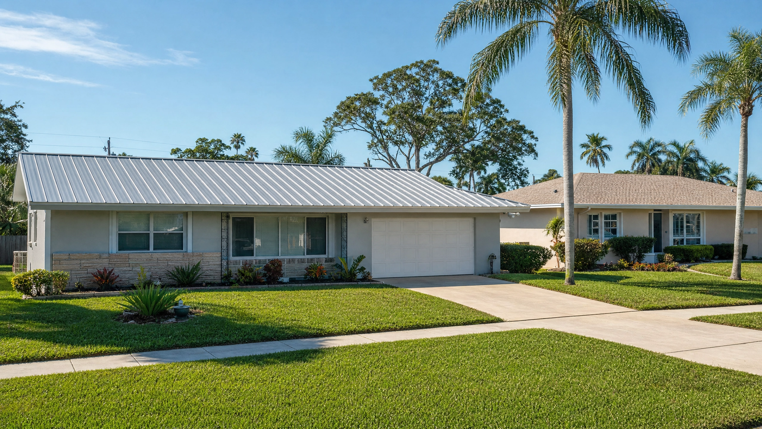 A newly installed Galvalume 5V Crimp metal roof on a typical 1970s-80s ranch-style home in Riviera Beach, Florida.