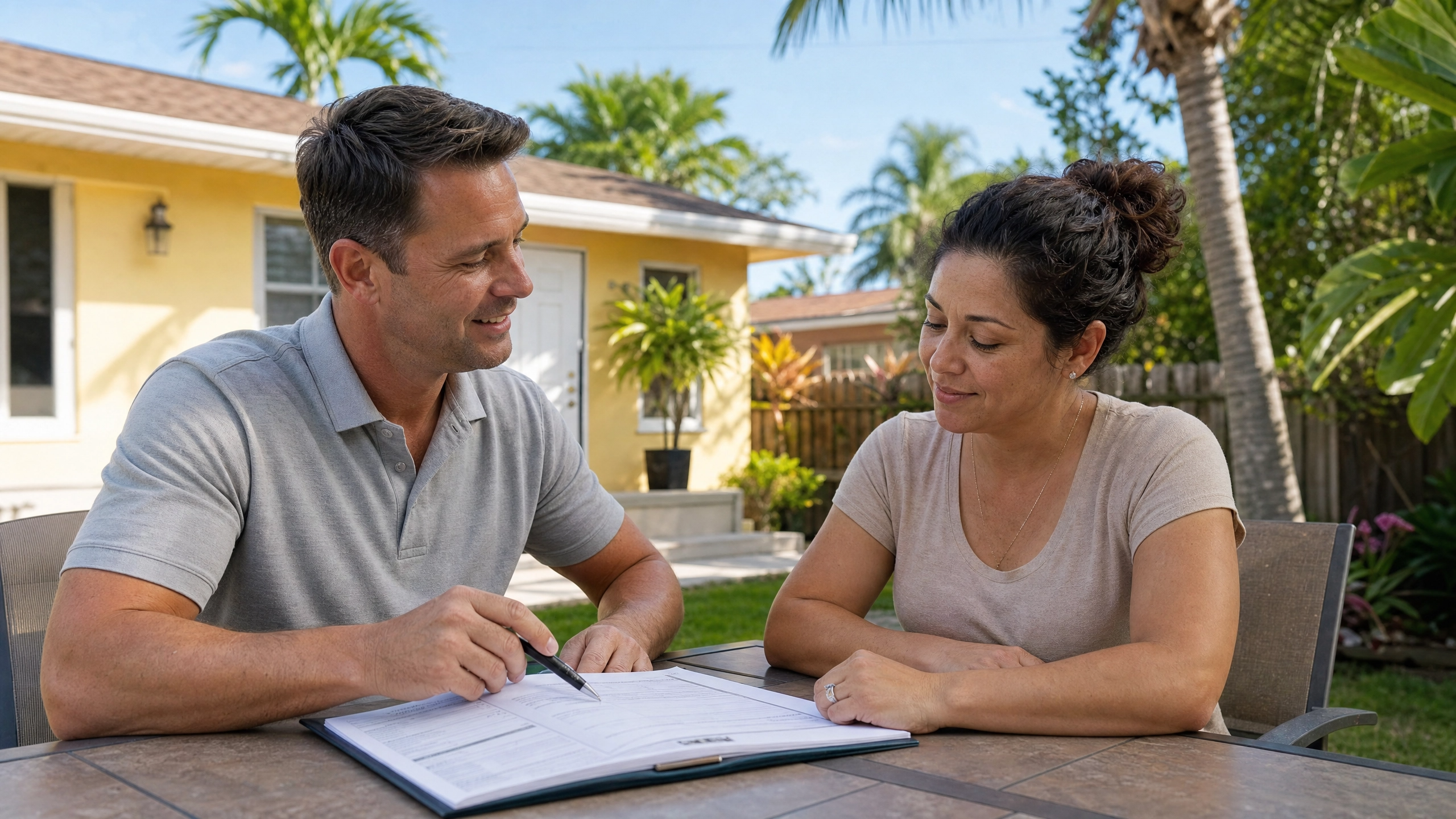 A professional roofer reviewing a proposal with a homeowner on a sunny patio in a typical Riviera Beach neighborhood.