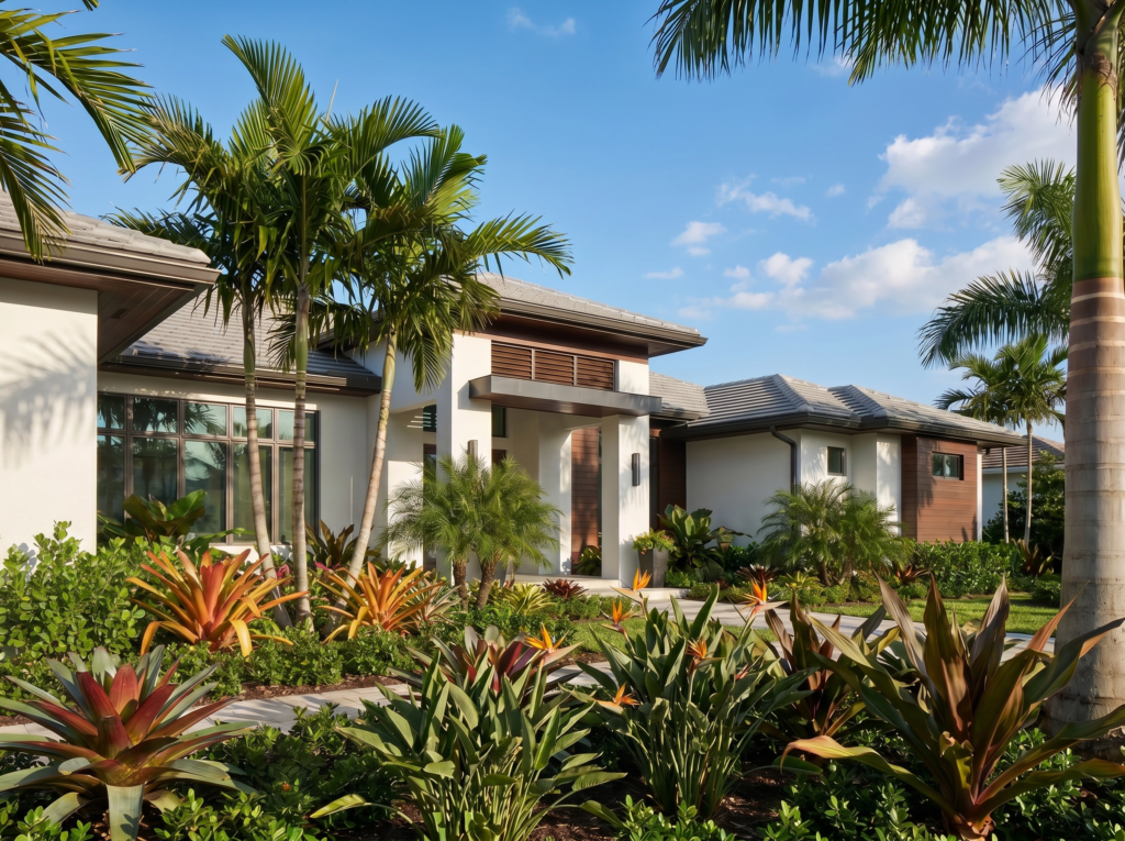 Close-up of a modern home exterior in Palm Beach County with a grey flat-tile roof and lush landscaping.