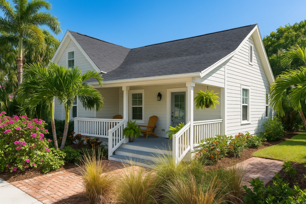A classic white cottage-style home with a clean grey shingle roof and a front porch.