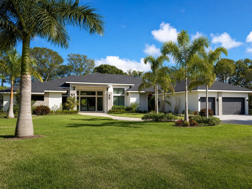 A modern white custom home in The Acreage featuring a clean, charcoal asphalt shingle roof and palm trees.