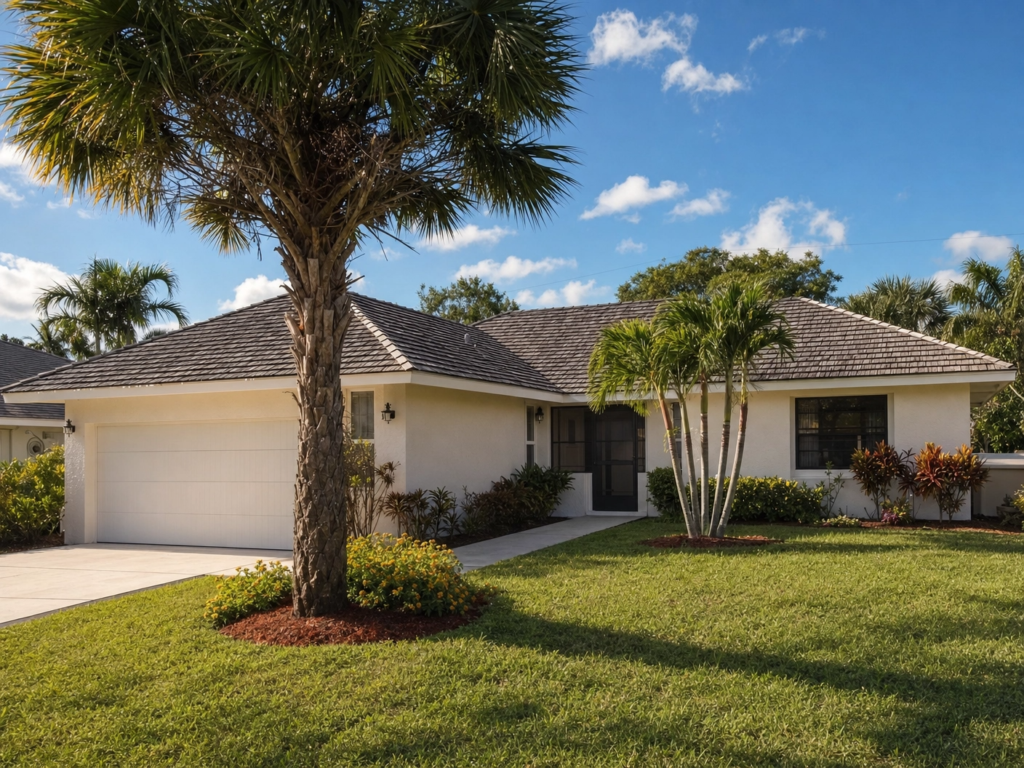 A white suburban home in Greenacres featuring a clean architectural shingle roof and a large palm tree in the front yard.
