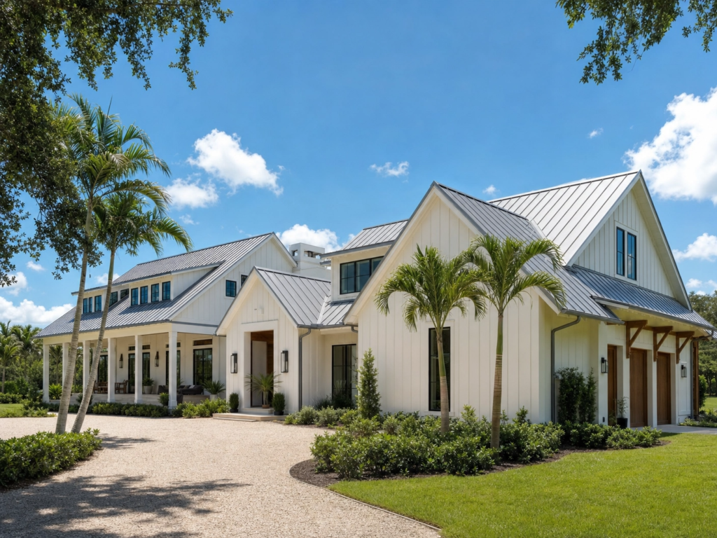 A large modern farmhouse in Loxahatchee featuring a dark bronze standing seam metal roof and a gravel driveway.