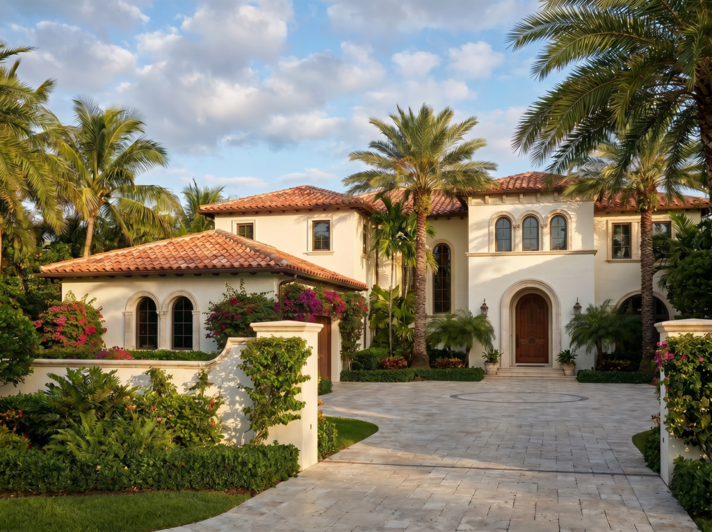 Large Mediterranean style estate in Boca Raton featuring a terracotta tile roof and circular driveway.