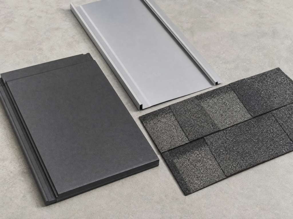 BLU Roofing material palette with tile, metal, and shingles