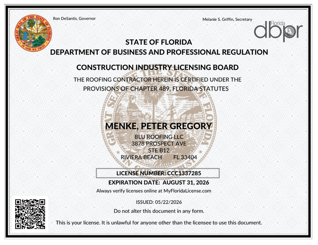 Peter Menke BLU Roofing Florida State Certified License CCC1337585