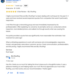 5 star google review for the tile roof repair