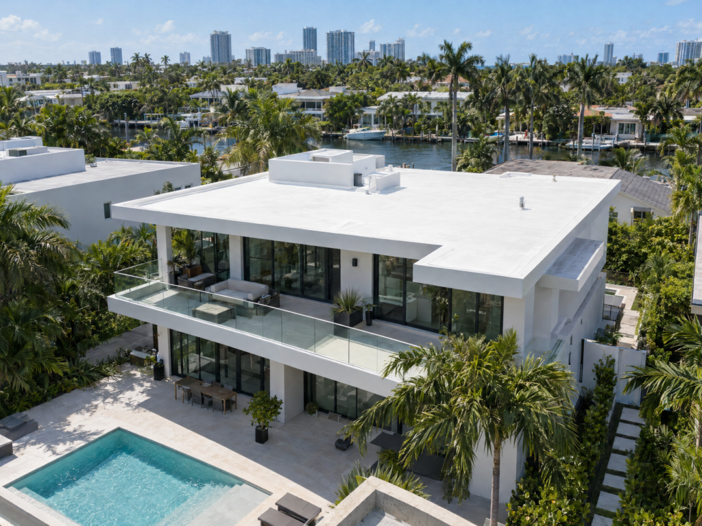 White-coated flat roof on modern South Florida home